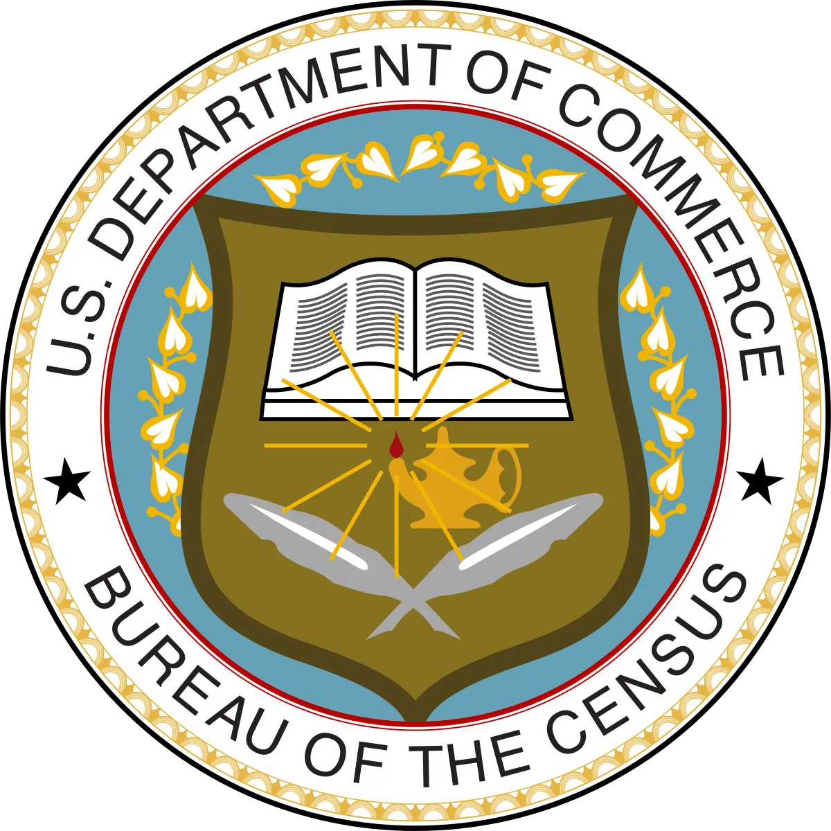 LUMITURE | Seal of the U.S. Census Bureau, featuring an open book, a compass, and two quills on a shield, surrounded by a laurel wreath—symbolizing the collection of vital U.S. population and Census data.