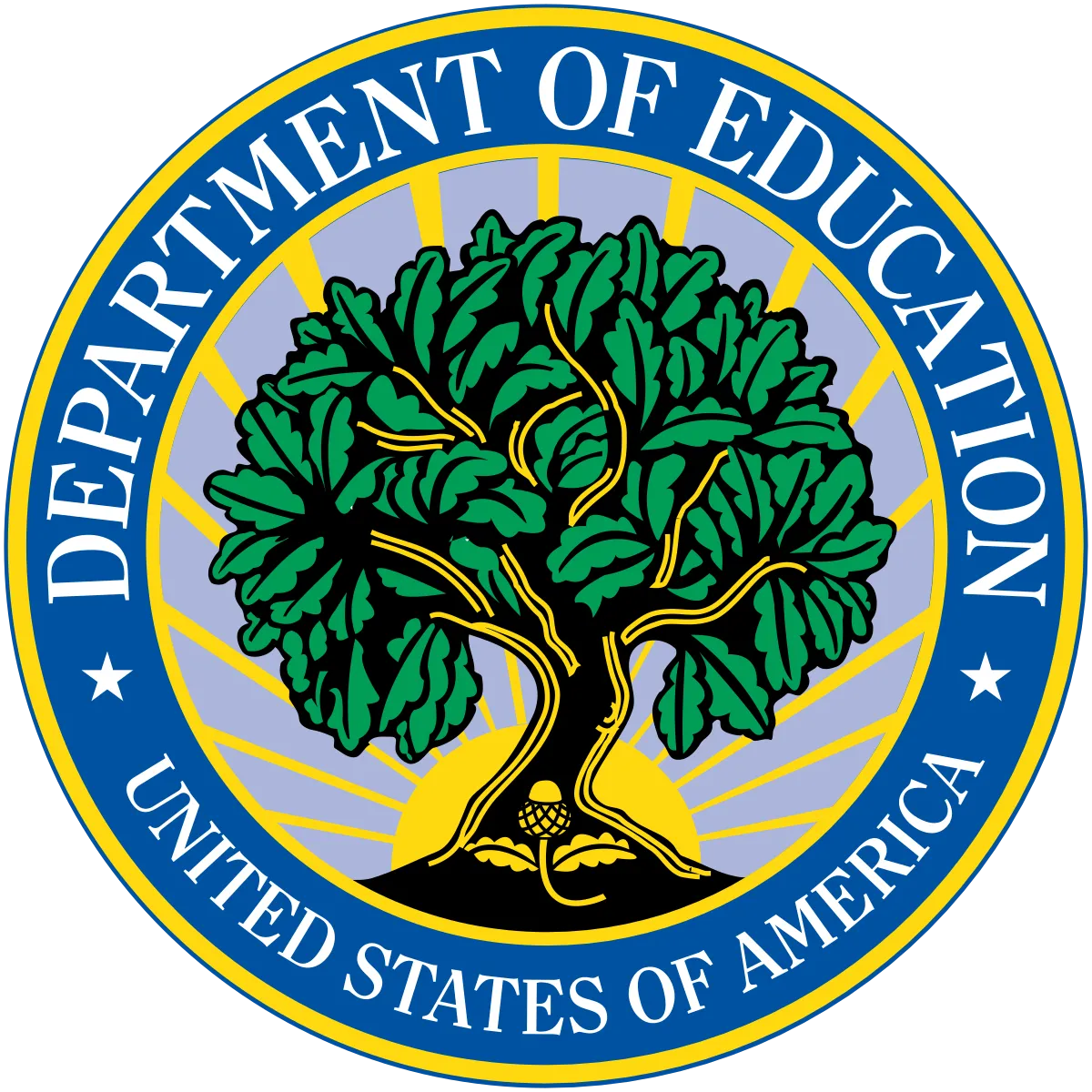 LUMITURE | Official seal of the U.S. Department of Education featuring a leafy tree in front of a yellow sunburst, with blue and gold circular borders containing the US Education department's name.