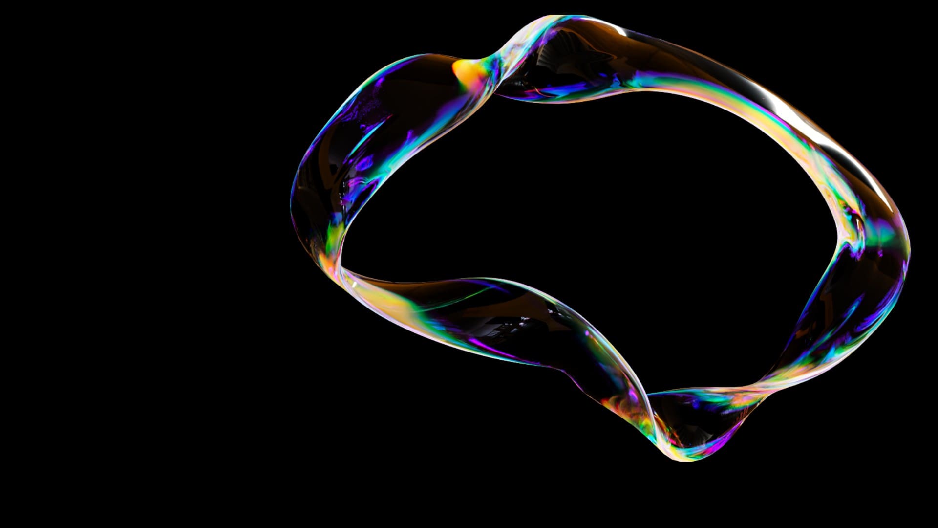 LUMITURE | A thin, iridescent soap bubble forms a twisted ring shape against a solid black background, hinting at a future where Lumiture and light blend in mesmerizing harmony.