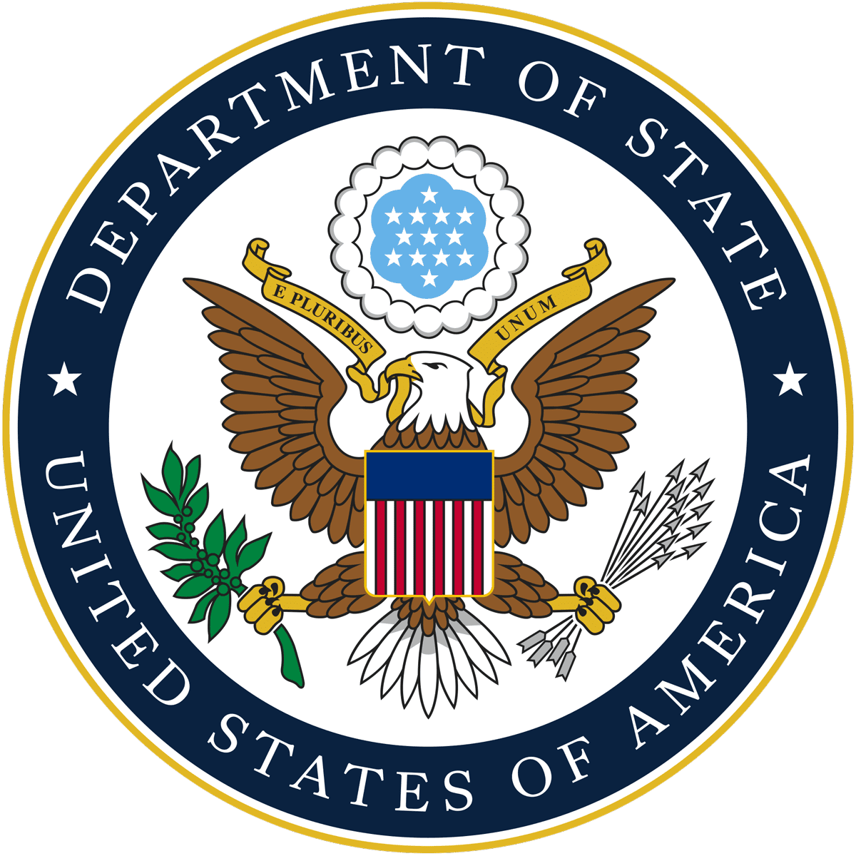 LUMITURE | The official seal of the U.S. Department of State featuring an eagle holding arrows and an olive branch, with a blue and white shield and a circular inscription.